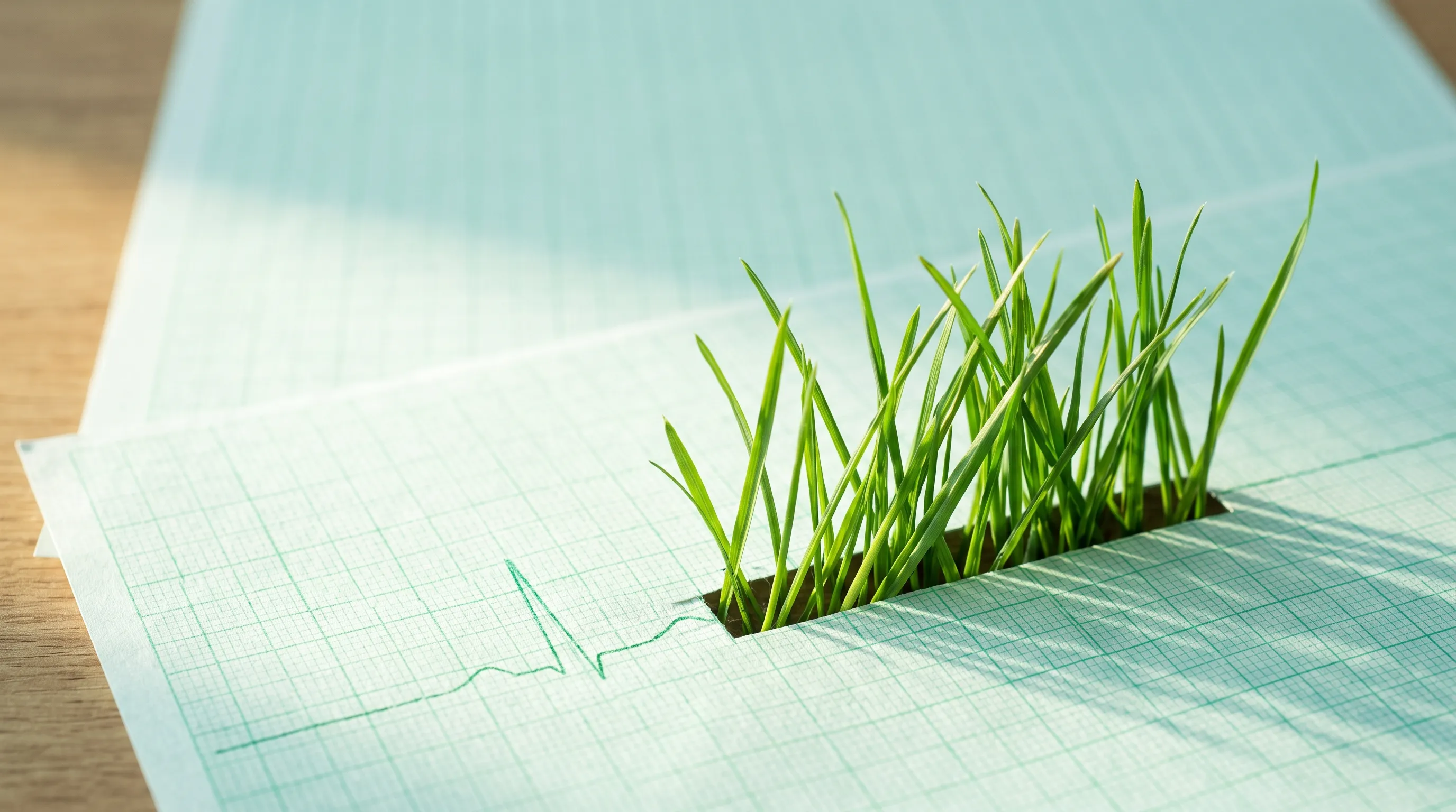 Concept illustration of green grass growing through clinical chart paper